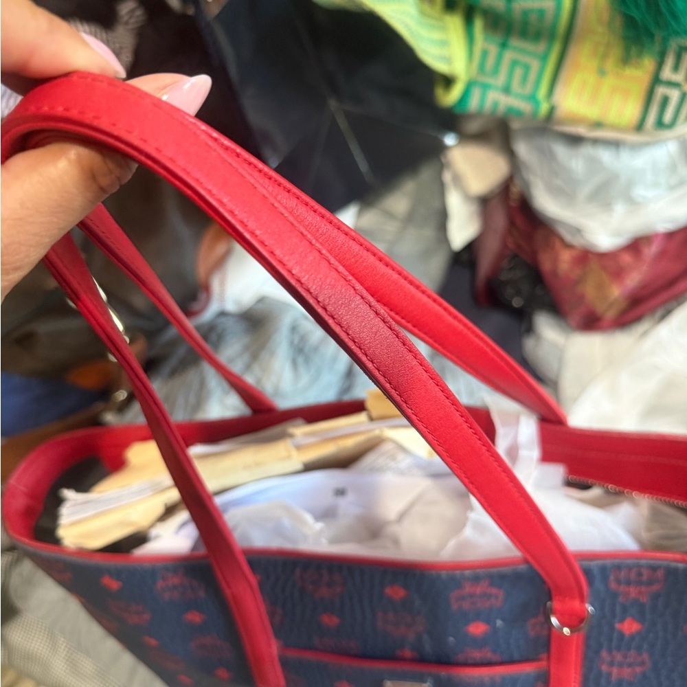 MCM Navy Visetos Canvas Tote with Red Trim and Handles - Picture 7 of 13